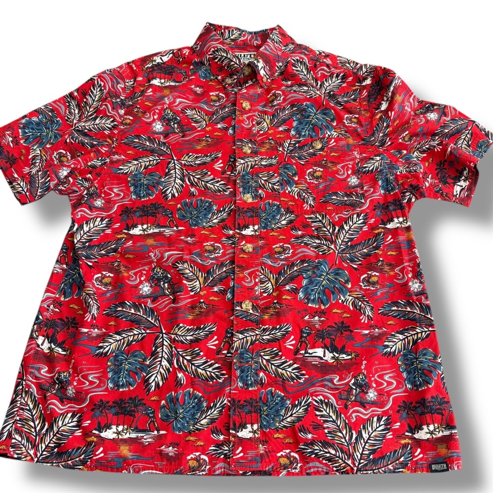Duluth Trading Co Mens M Short Sleeve Button Up Shirt Hawaiian Print Red - Picture 2 of 8